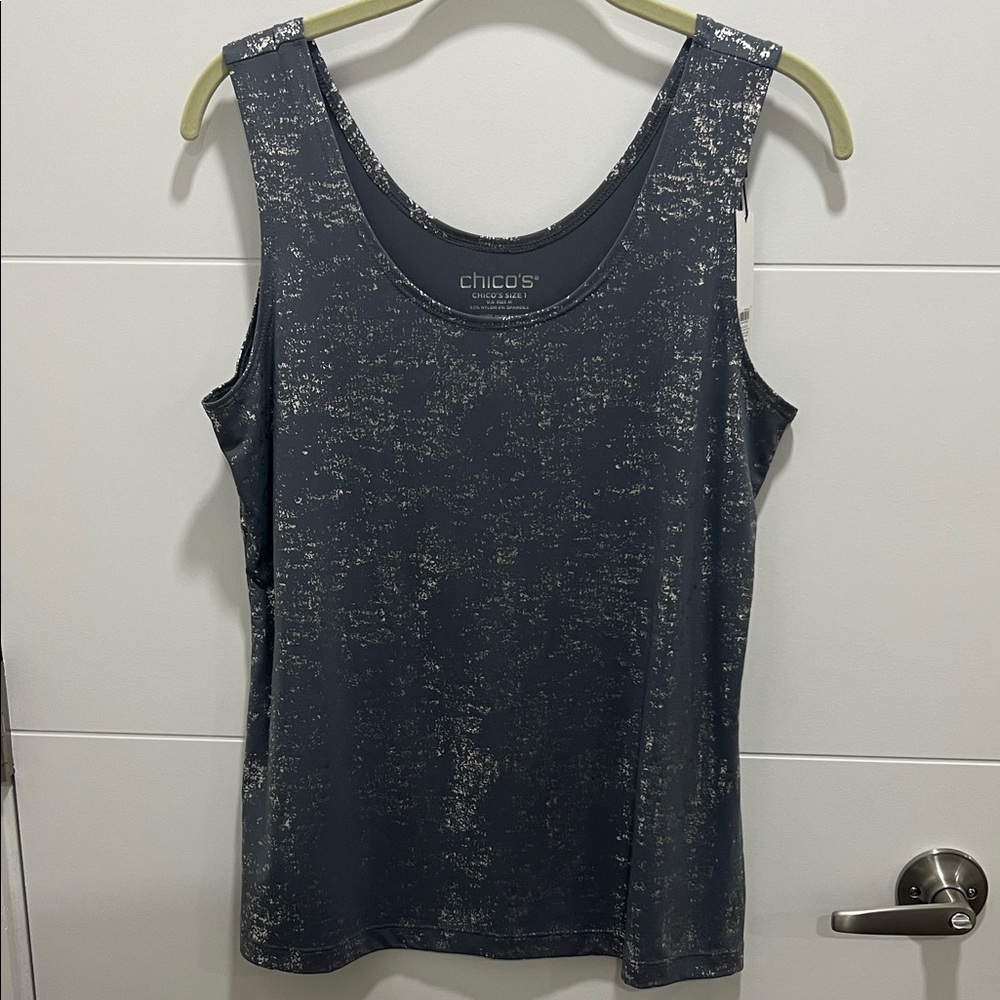 Chico's Metallic Foil Silver Shimmer Gray Tank Top Size 1 Medium NWT